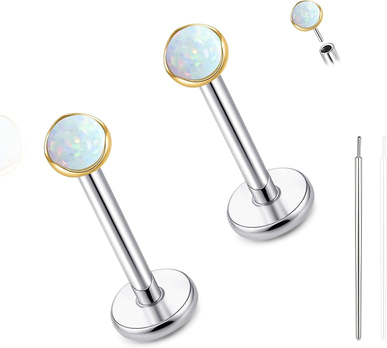 limerencia 18G Hypoallergenic Titanium Opal Threadless Nose Stud Earrings, 2PC Flat Back Push in Stud Earrings Labret Medusa Monroe Helix Cartilage Tragus Conch Piercing Jewelry for Women Men