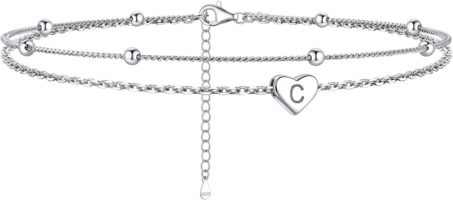 ChicSilver Sterling Silver Anklets for Women 925 Ankle Bracelets for Women Layered Heart Anklet With Beaded Anklets for Women