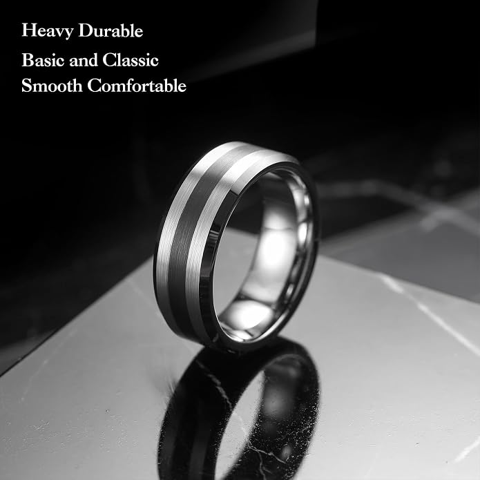 King Will Classic Tungsten Carbide Ring Brushed Two Grooved Center Hammered Design Mens Wedding Band for Men
