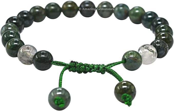 Amazing Gemstone Moss Agate Bracelet for Women Men's Gifts - Protection Healing Crystal Bracelet - 8mm Gemstones Beaded Adjustable Bracelet Pulseras para Hombres Mujer Stocking Stuffers