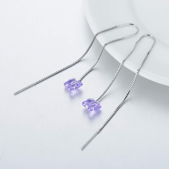 AOBOCO Heart/Butterfly/Cube Threader Dangle Drop Earrings - 925 Sterling Silver Long Chain Earring for Women Baroque Hook Drop Earrings Crystals from Austria