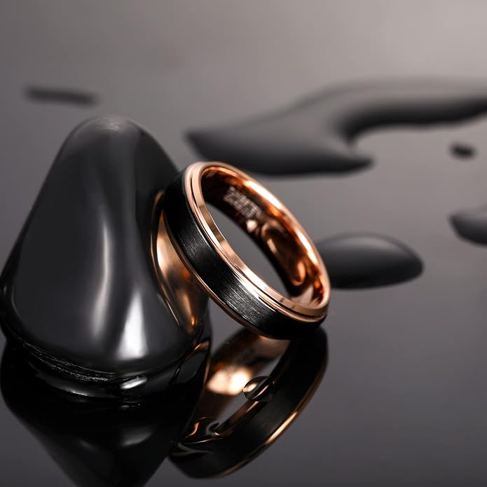 TRUMIUM 6mm 8mm Tungsten Rings for Men Women Black Wedding Band 24K Gold Plated/Rose Gold Plated Step Edges Comfort Fit Size 6-13