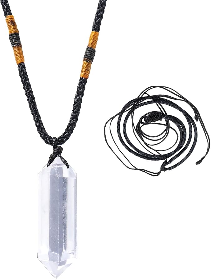 Runyangshi Clear Quartz Healing Crystal Pendants, Double Pointed Natural Crystal Quartz Necklace 6 Faceted Chakra Crystal Wand Stone
