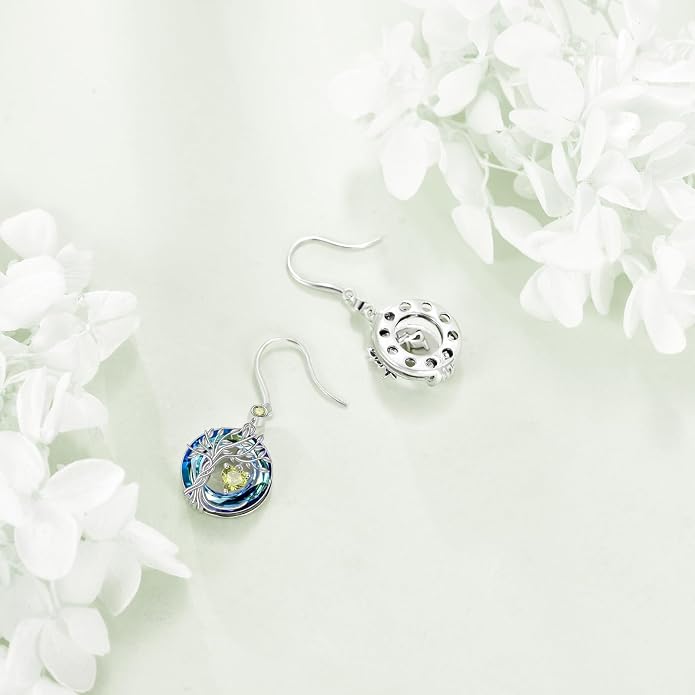 POPLYKE Tree of Life Birthstone Earrings 925 Sterling Silver Dainty Gemstone Birthstone Dangle Drop Earring with Crystal Fine Jewelry Birthday Gifts for Women Her