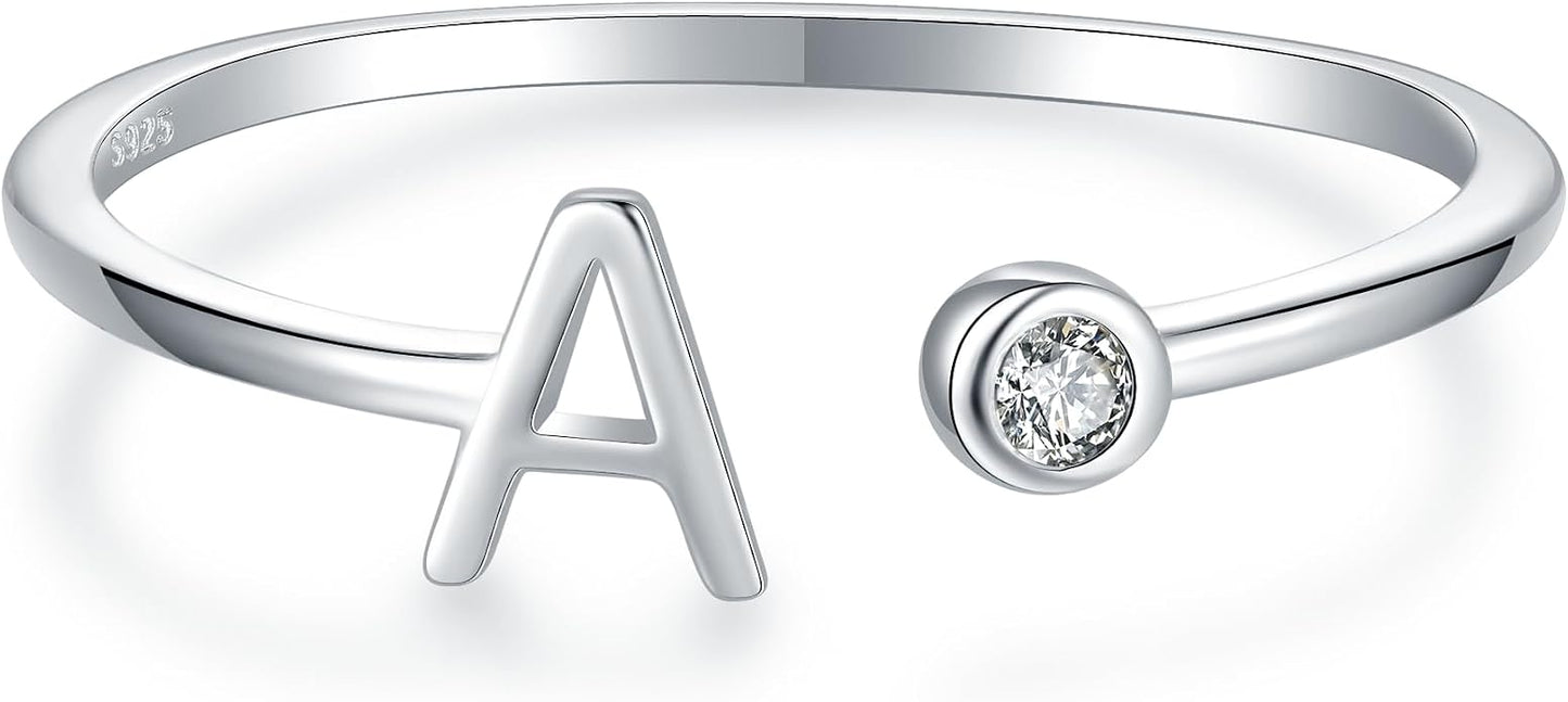 925 Sterling Silver Initial Letter Birthstone Rings for Women Adjustable 1-12 Month Birthstone Alphabet Stacking Ring for Teens Girls Stackable Birthstone Rings Birthday Jewelry Gift for Daughter Mom