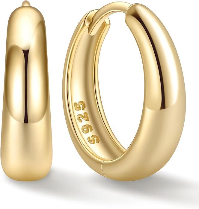 ChicSilver Solid 925 Sterling Silver Chunky Hoop Earrings for Women, Silver Small Thick Huggie Earrings Hypoallergenic Lightweight Silver Hoop Earrings for Sensitive Ears (8/10/12/14mm)
