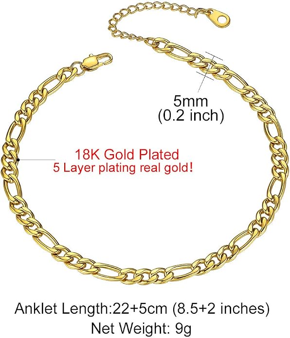 GoldChic Adjustbale Link Chain Anklet for Women Summer Jewelry, 316L Stainless Steel Figaro/Wheat/Twist Rope/Cuban Foot Bracelet-Waterproof, Resizable 9"-12" (Gift Box Included)