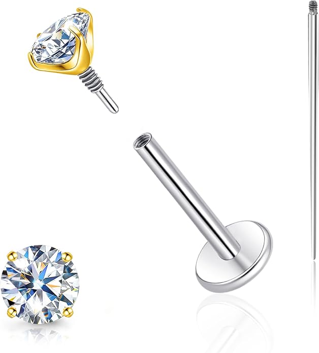 Limerencia Moissanite Internal Thread 18G Titanium Earrings, Hypoallergenic F136 Titanium Flat Back Piercing Studs, VVS1 Lab-created Moissanite Studs for Women Men Tragus Helix Cartilage Conch Labret