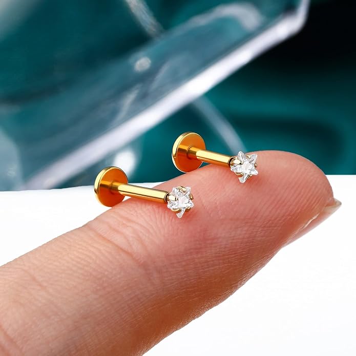 Cocharm 14K Gold Cartilage Earring Stud Yellow Gold Flat Back Helix Stud Push in Tragus Earring