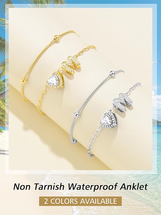 FindChic Silver/14K Gold Plated Layered CZ Initial Ankle Bracelet for Women | Waterproof Stainless Steel, Cubic Zirconia Letter Charm, Non-Tarnish, Hypoallergenic, Adjustable Extender, Summer Jewelry
