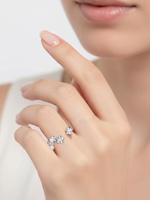 Moissanite Flower/Butterfly/Star Pretty Open Ring for Women, Adjustable Ring, Solid 925 Sterling Silver with Gold Plated, Stackable Ring, Birthday Valentines Anniversary Mothers Day Ideal Gift for Her