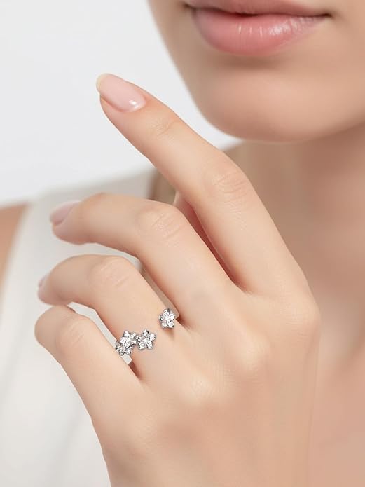 Moissanite Flower/Butterfly/Star Pretty Open Ring for Women, Adjustable Ring, Solid 925 Sterling Silver with Gold Plated, Stackable Ring, Birthday Valentines Anniversary Mothers Day Ideal Gift for Her