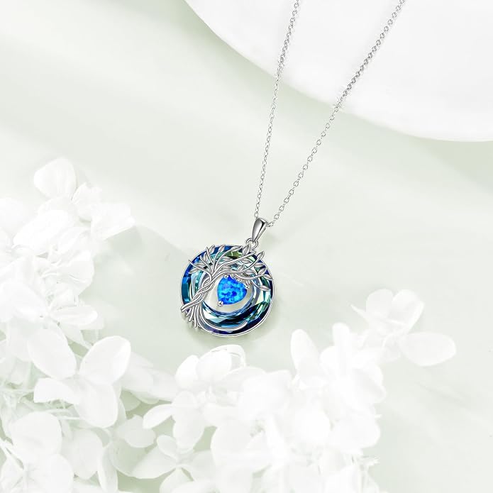 POPLYKE Mothers Day Gifts for Mom Her Wife Tree of Life Necklace 925 Sterling Silver Birthstone Pendant with Crystal Anniversary Birthday Wedding Jewelry for Women