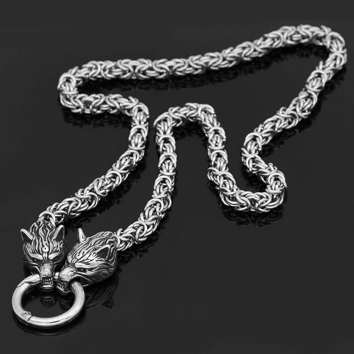 Viking Wolf Head Thor’s Hammer Pendant Necklace – Stainless Steel Norse Amulet Jewelry for Men, Nickel-Free, Gift Box Included