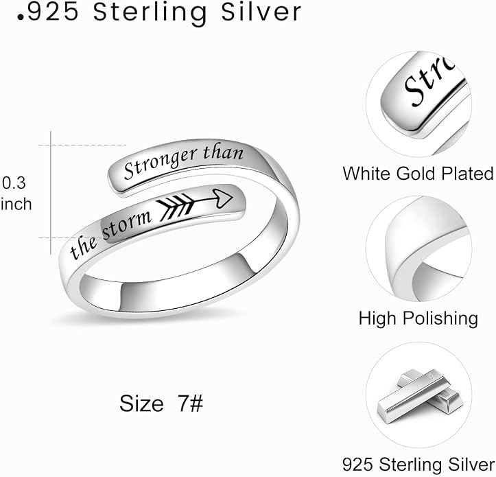 BEILIN 925 Sterling Silver Inspirational Jewelry Rings Adjustable Ring Personality Encouragement Gift for Teens Women