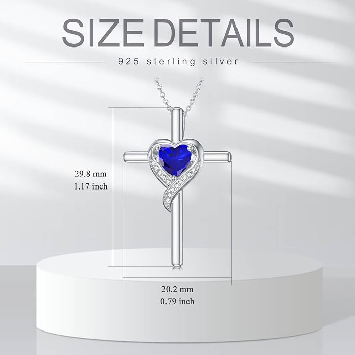 TOUPOP Birthstone Cross Necklace for Women 925 Sterling Silver Heart Cross Pendant Necklace Mothers Day Birthday Jewelry Gifts for Mom Wife Her