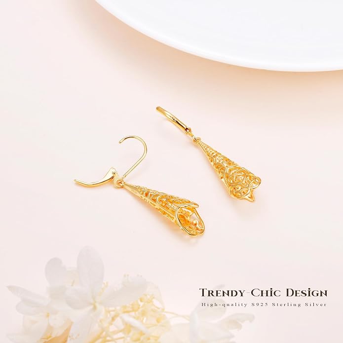 Sterling Silver Leverback Dangle Earrings for Women Teardrop Filigree 14K Gold Plated Dangly Earrings Mother’s Day Gift