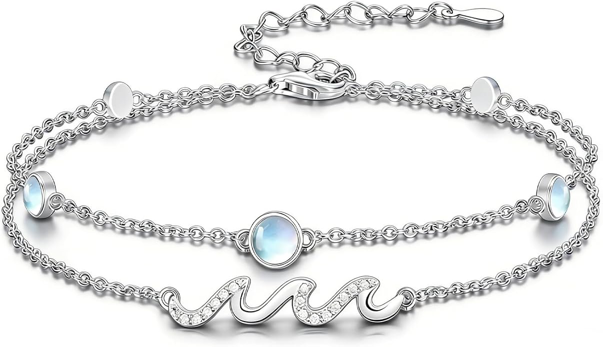 Wave/Dolphin Bracelet/Sea Turtles Anklet 925 Sterling Silver Adjustable Moonstone Bracelet/Anklet Summer Ocean Jewelry Gifts for Women