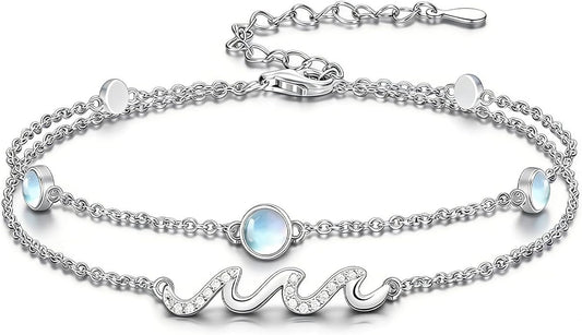 Wave/Dolphin Bracelet/Sea Turtles Anklet 925 Sterling Silver Adjustable Moonstone Bracelet/Anklet Summer Ocean Jewelry Gifts for Women