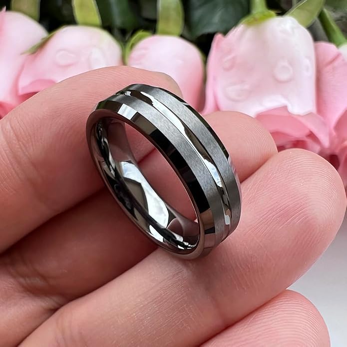 TUTISS 6mm 8mm Silver/Black/Blue/Gunmetal/Gold/Rose Gold Tungsten Rings for Men Women Fashion Engagement Wedding Bands Matte Finish Beveled Edges Comfort Fit