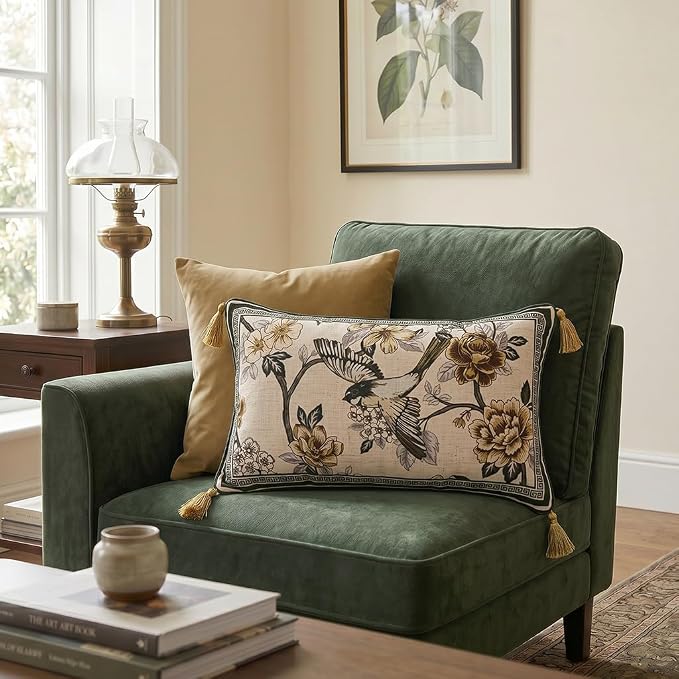ISAENNE Vintage Elegant Linen Rectangle Throw Pillow Cover,20"x12"-Murad A | Designer French Decor Pillow Cover,Concealed Zipper Design,Floral and Bird Pattern,Sofa,Bedroom,Living Room,Lounge Chairs