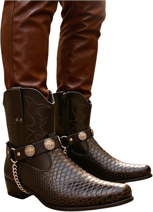 TrendyFashionJewelry Men Biker Boot Pair Bracelets Black Faux Leather Strap Chain Native Buffalo Animal Hunter
