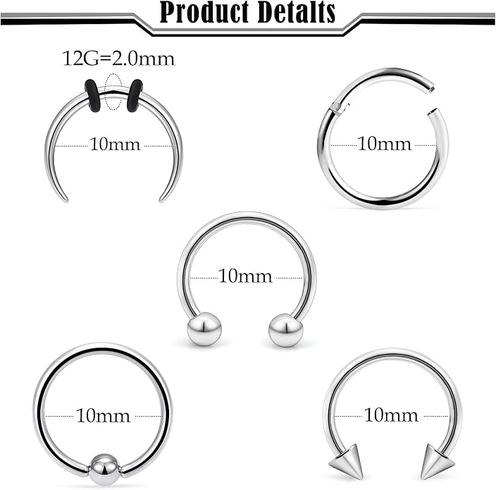 Septum Rings 16G 14G 12G 10G 8G 6G 4G 2G Surgical Steel Septum Stretching Kit Septum Pincher Tapers Gauge Kit Nose Ring Hoop Horseshoe Helix Tragus Daith Rook Piercing Jewelry for Women Men