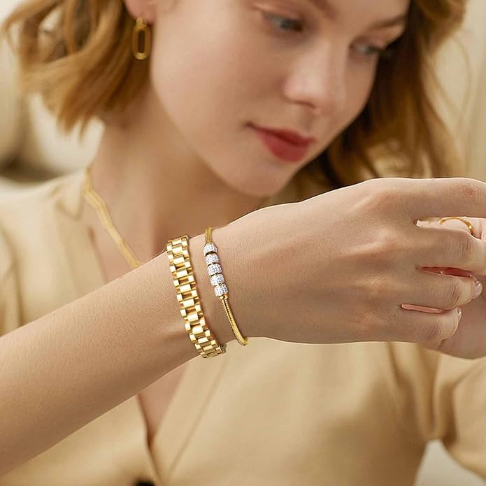 MPRAINBOW 2pcs 18K Gold Plated Chain Link Bracelet, Stainless Steel Crystal Friendship Bracelets Bangle,Watch Band Chains Wristband Jewelry with Adjust Tool