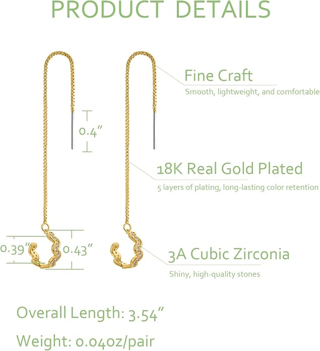 Threader Ear Cuff for Women 18K Real Gold Plated Cubic Zirconia Wrap Chain Earrings Hypoallergenic Drop Earring Crawler Climber Ear Cuffs Gift