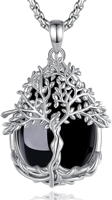 Vito Tree of Life Necklace for Women Men, Silver Plated Copper Teardrop Moonstone/Obsidian/Turquoise/Amethyst/Malachite Crystal Tree Necklace Protection Energy Amulet Jewelry Gift for Mom Wife, 20+2"