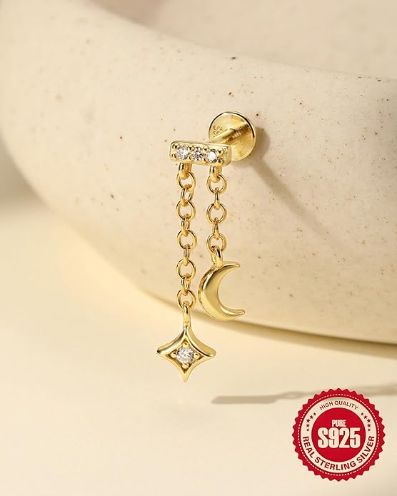 Solid 925 Sterling Silver Helix Earring with Dangle Chain 14K Gold Plated Flat Back Cartilage Stud Crescent Moon & Star CZ Internally Threaded Piercing Jewelry Ear Ring Gift