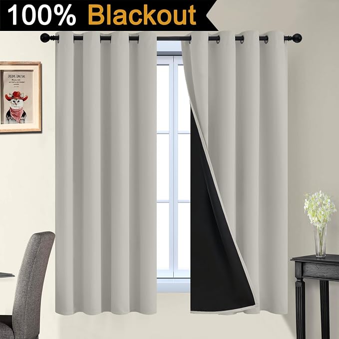 Yakamok Cream Beige 100% Blackout Curtains 63 Inches Long 52" Wide 2 Panels | Blackout Curtain Panels for Bedroom, 2 Thick Layers Grommet Top Thermal Insulated Drapes with Black Liner for Living Room