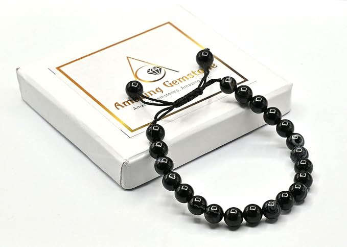 Amazing Gemstone Black Hakik Banded Bracelet for Women Men's Gifts - Protection Healing Crystal Bracelet - 8mm Gemstone Beaded Adjustable Bracelet Pulseras para Hombres Mujer Stocking Stuffers