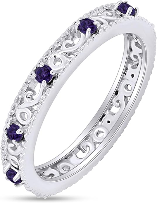 Jewel Zone US Filigree Eternity Wedding Band Ring for Women, Round Cut Simulated Gemstone Stackable Promise Ring in 14K Gold Plated 925 Sterling Silver Band Width 3.5mm – Elegant Jewelry for Her