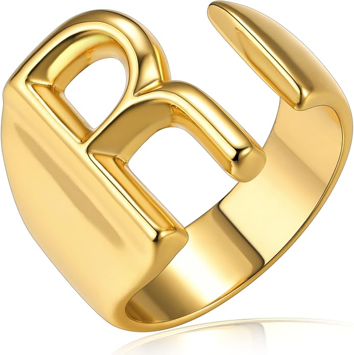 KeyStyle Bold Initial Letter Rings Adjustable, GoldChic Jewelry Women Gold Statement Ring Personalized Engraved Women’s Open Signet Ring for Party (Gold, White Gold, Black)