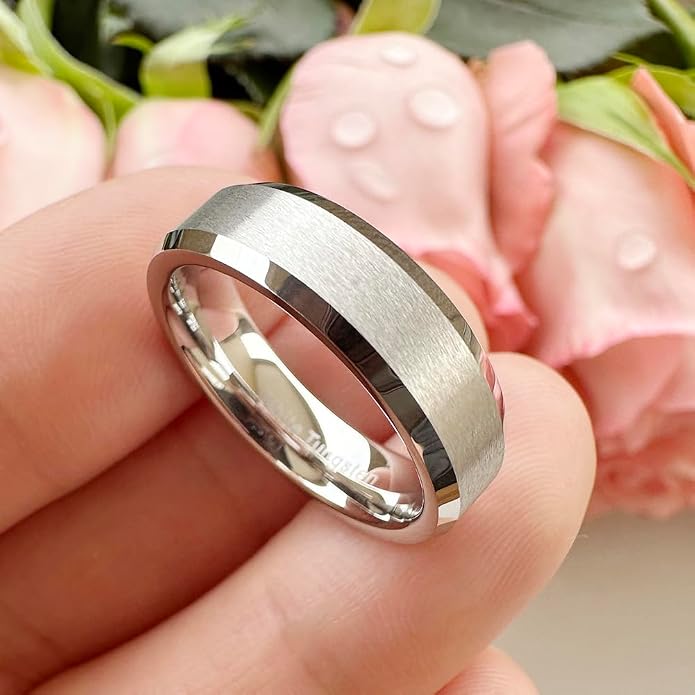 TUTISS 6mm 8mm White Tungsten Rings for Men Women Couple Fashion Jewelry Engagement Wedding Bands Matte Finish Beveled Edges Comfort Fit