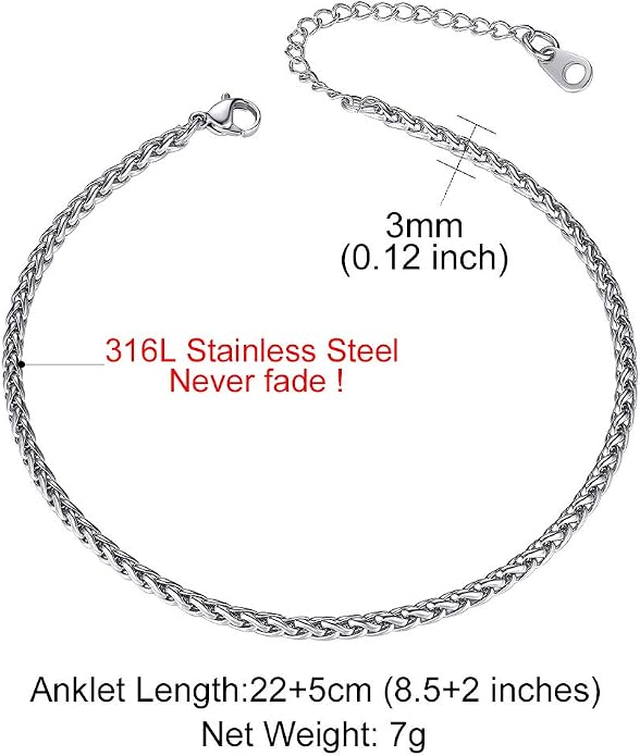 GoldChic Adjustbale Link Chain Anklet for Women Summer Jewelry, 316L Stainless Steel Figaro/Wheat/Twist Rope/Cuban Foot Bracelet-Waterproof, Resizable 9"-12" (Gift Box Included)