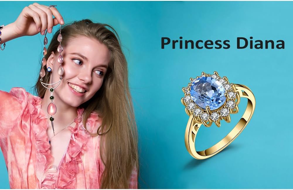 JewelryPalace Princess Diana Kate Middleton Class Gemstone Birthstone Sapphire Halo Engagement Rings for Women, Anniversary 14K White Yellow Rose Gold Plated 925 Sterling Silver Promise Rings for Her