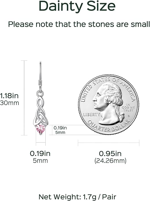 ChicSilver Sparkling Heart Birthstone 925 Sterling Silver Celtic Knot Dangle Hook Earrings (with Gift Box)