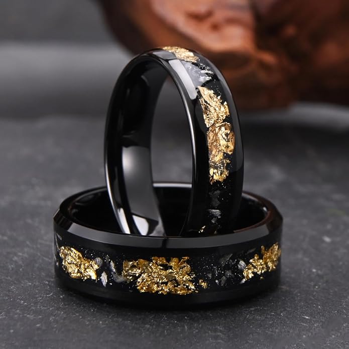 Black Tungsten Carbide Rings for Men Women 8mm/6mm Men's Wedding bands Inlaid with Gold Foil Meteorite Fragments, High Polishing and Comfortable fit