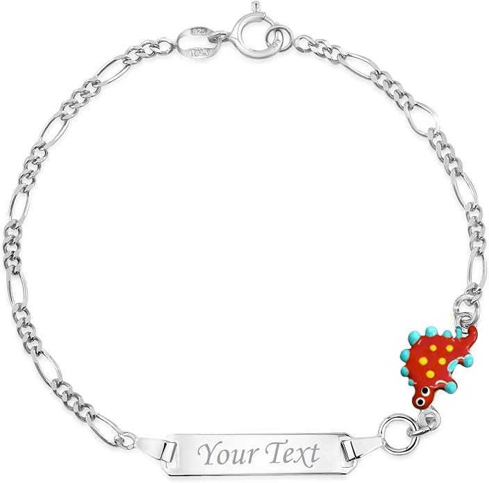 UNICORNJ 925 Italy Sterling Silver Child or Baby Name Bracelet Girls Boys, Personalized Engraved Kids ID Bracelets, 6.5" Figaro Chain, Enamel Charm Newborn Infant Toddler Kid Jewelry