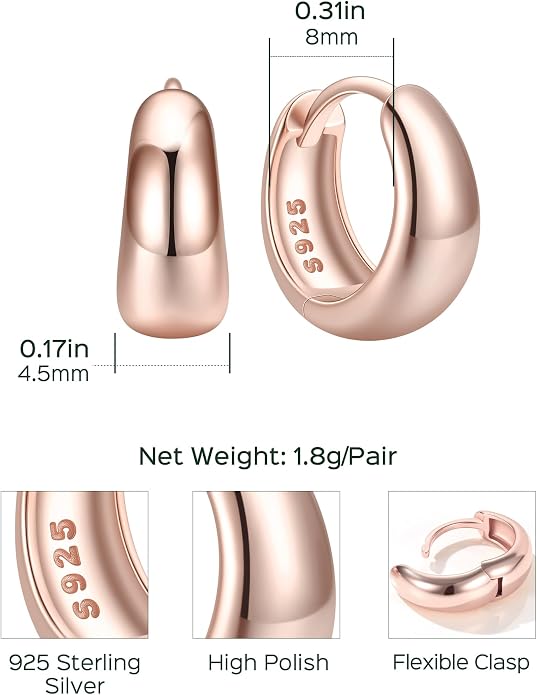 ChicSilver Solid 925 Sterling Silver Chunky Hoop Earrings for Women, Silver Small Thick Huggie Earrings Hypoallergenic Lightweight Silver Hoop Earrings for Sensitive Ears (8/10/12/14mm)