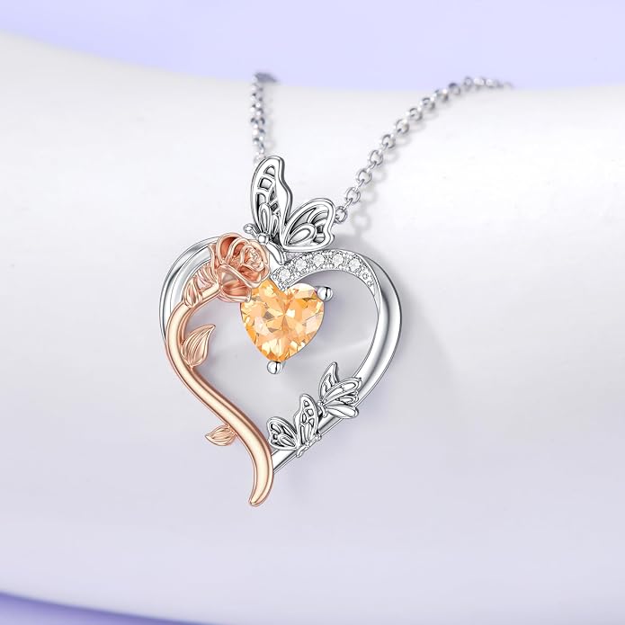 TOUPOP Rose Heart Birthstone Necklace 925 Sterling Silver Heart Butterfly Pendant Love Jewelry Birthday Gifts for Women Wife Mom Her