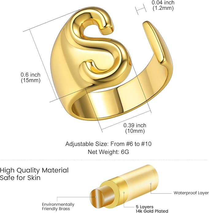 KeyStyle Bold Initial Letter Rings Adjustable, GoldChic Jewelry Women Gold Statement Ring Personalized Engraved Women’s Open Signet Ring for Party (Gold, White Gold, Black)