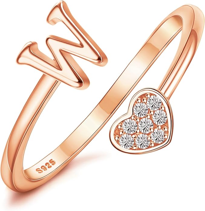 MILACOLATO 925 Sterling Silver Initial Rings for Women Teen Girl 18K Gold Plated Heart Initial Rings Adjustable Capital Letter Ring Stackable Thumb Pinky Rings for Daughter Birthday Bridesmaid Gifts Jewelry, A to Z