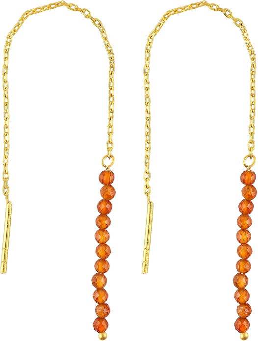 Natural Gemstone Threader Earrings for Women - Dainty 2mm Faceted Beads - Birthstone Crystal Drop Earrings - Silver Plated Healing Jewelry