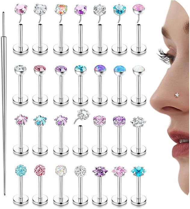 Nose Rings Studs Flat Back Earrings Hypoallergenic - Threadless Surgical Steel Nose Ring Studs Cartilage Earring Monroe Nostril Labret Medusa Tragus Conch Helix Piercing Jewelry for Women Men 28Pcs