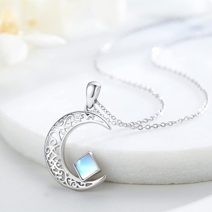 TRISHULA Moon Star Necklace, 925 Sterling Silver Crescent Moon Sun Pendant with Moonstone Crescent Jewelry Gift for Her Sister Birthday Christmas