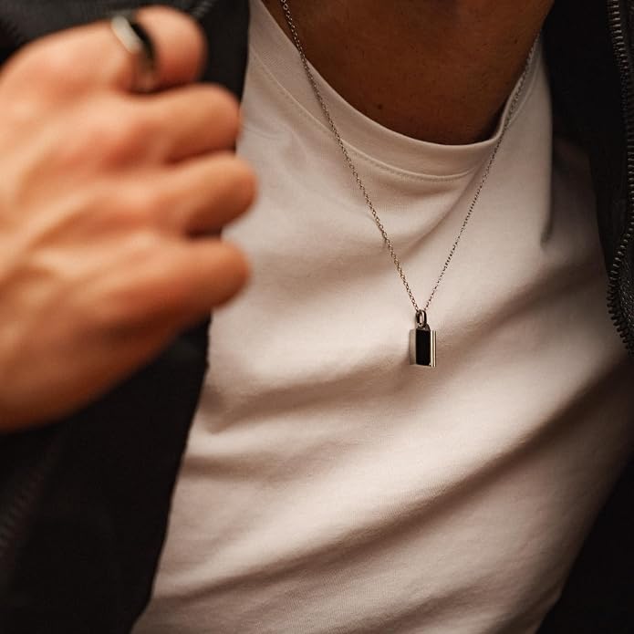 Forge & Foundry Men's Minimalist Stainless Steel and Solid Onyx Inlay Pendant | 21 Inch Rolo Chain | Design-Led Artisan Jewelry, from London