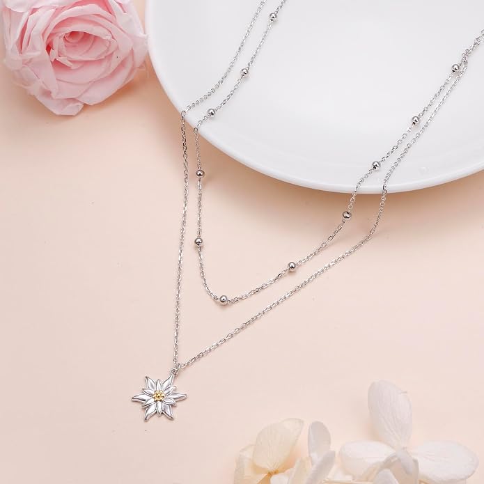 FLYOW Layered Choker Necklace S925 Sterling Silver Star Full Moon Daisy Flower Pendant Disc Jewelry Adjustable Clavicle Necklaces for Women Girls Birthday Gifts